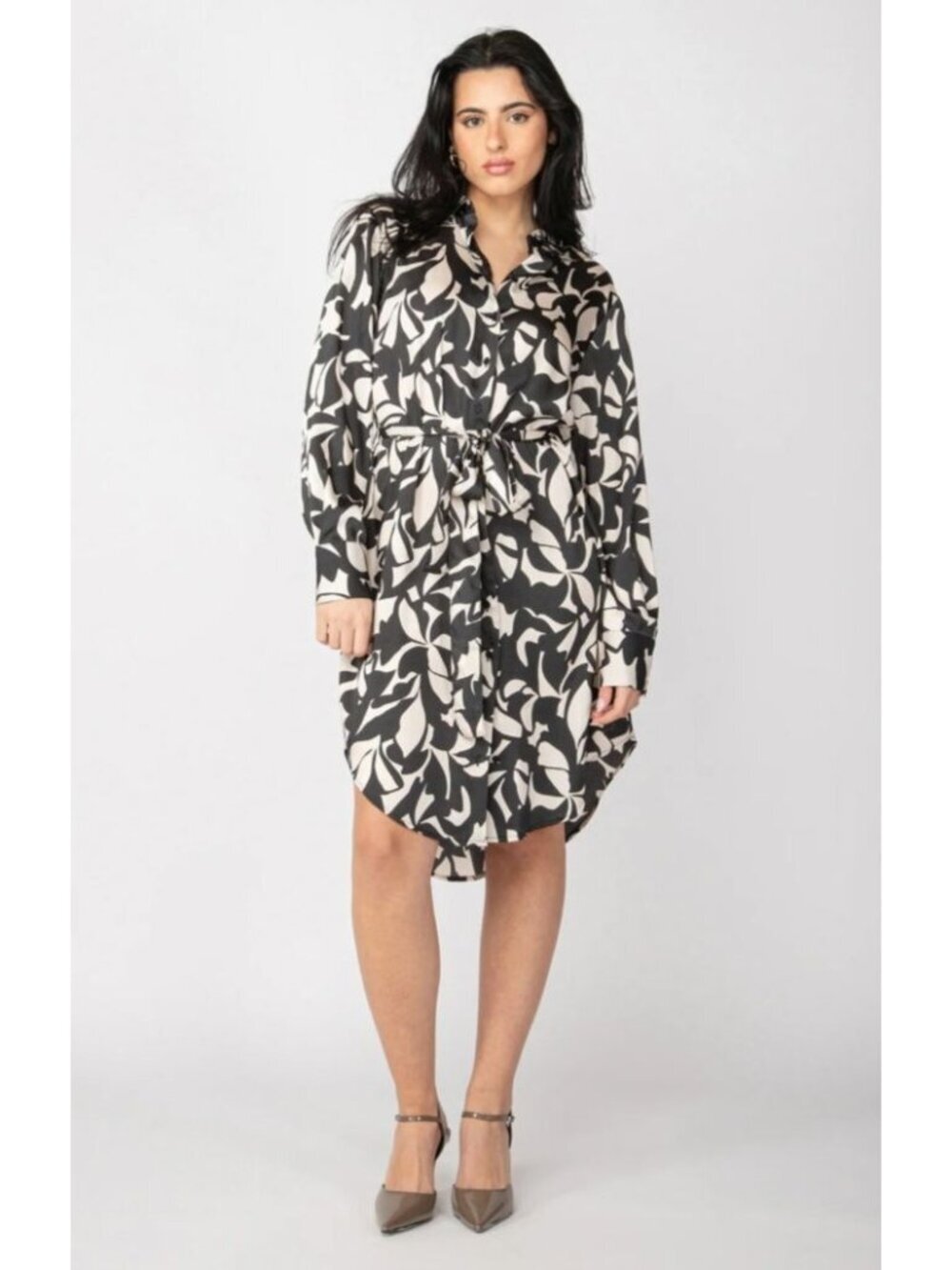 Black Tape Belted Satin Black White Floral Shirt Dress Women's Size Small